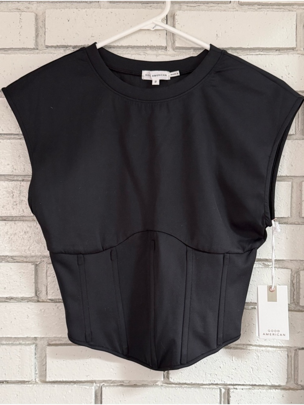 NWT Good American Black Structured Corset Top Cap Sleeve Sculpted Waist‎ Chic